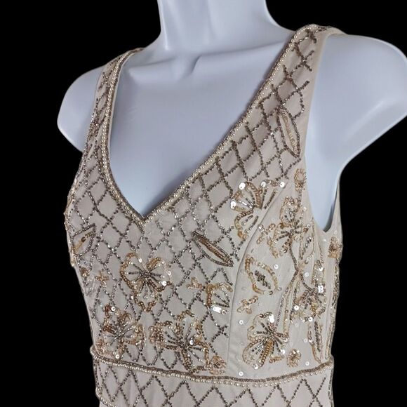 Adrianna Papell Art Deco Beaded Flapper Dress 2 | 20s Gatsby Tier Cocktail Gold - Picture 5 of 13